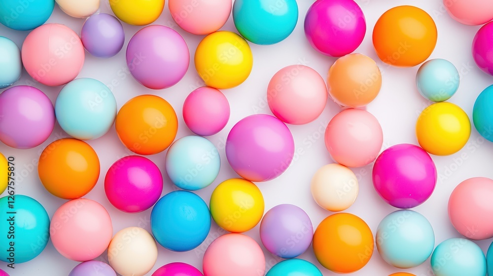 Poster a colorful array of round, pastel and vibrant balls, creating a playful and cheerful visual display 