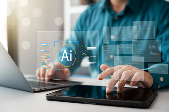 AI Artificial intelligence, Businessmen use AI technology to analyze computer data with digital brains to solve work problems, processing, Internet of Things management, IoT, business intelligence.