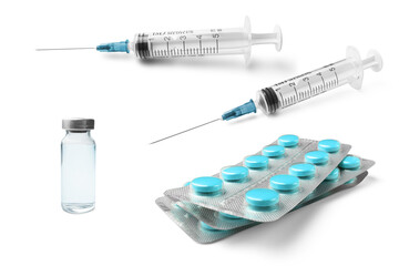 Medical syringe and glass vial with liquid medication, vaccine, blister packs of pills,...