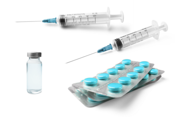 Medical syringe and glass vial with liquid medication, vaccine, blister packs of pills, prescription medication, isolated on a transparent background