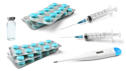 Medical digital thermometer, syringe and glass vial with liquid medication, vaccine, blister packs of pills, prescription medication, isolated on a transparent background
