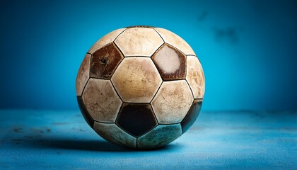 Old Soccer ball in on blue background. Generated image