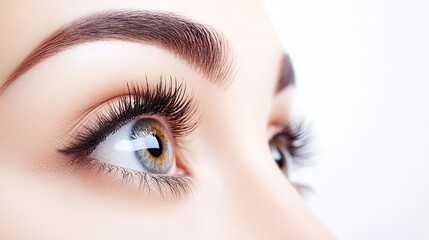 Naklejka premium Close-up Portrait of a Female Model’s Eye with Long Eyelashes on White Background, Beauty Salon Spa Treatment, Hairdressing Studio Concept