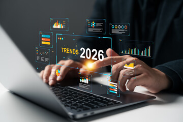 Targeting for 2026 Trends, Businessman Evaluating Business Growth, Future Growth Graph Chart of Corporate Business in 2026, Strategic Planning for Development and Growth New Opportunities Challenges.