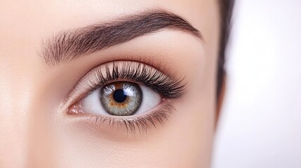 Obraz premium Close-up Portrait of a Female Model’s Eye with Long Eyelashes on White Background, Beauty Salon Spa Treatment, Hairdressing Studio Concept