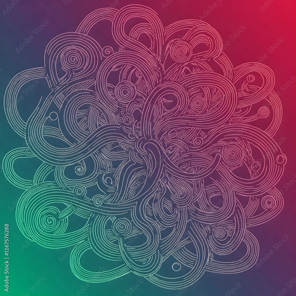 Poster an intricate abstract line art design with swirling patterns over a vibrant gradient background. the