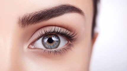 Obraz premium Close-up Portrait of a Female Model’s Eye with Long Eyelashes on White Background, Beauty Salon Spa Treatment, Hairdressing Studio Concept