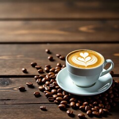 Wooden table with espresso cup and beans scattered around it, espresso, table, vintage