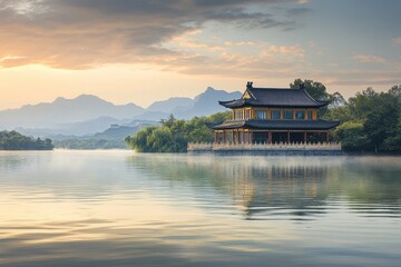 Obraz premium Serenity at a lakeside pavilion during sunrise with mountains in the background