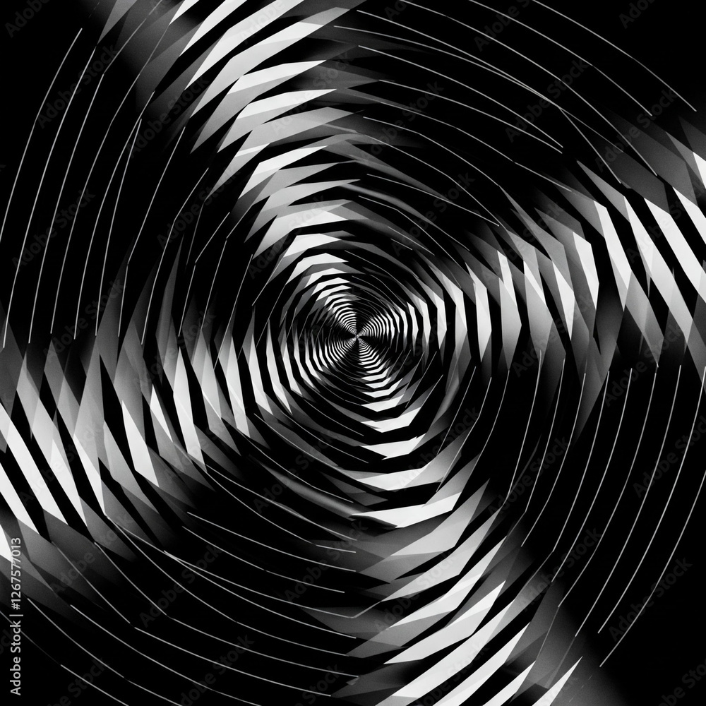 Poster a mesmerizing black and white abstract digital artwork featuring concentric swirling patterns, creat