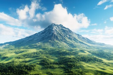Majestic mountain peak surrounded by lush greenery and blue skies during daylight