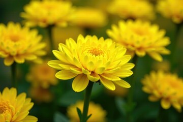 Obraz premium Densely packed chrysanthemum flowers in yellow hues surrounding a central stem, greenery, gardenia, bloom
