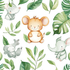 Adorable jungle animals watercolor art sweet baby animals playful design © nameera_juwairiya