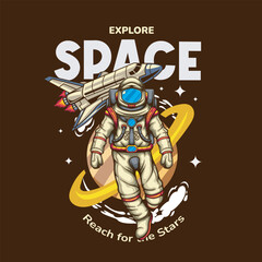 Vector Illustration of Astronaut with Planet and Spacecraft in Detailed Vintage Illustration Available for Tshirt Design