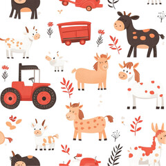 Obraz premium Adorable Farm Animals Red Tractor Happy Scene