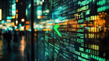 Obraz premium Night city, stock market data, upward trend, blurred background, financial news
