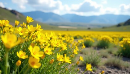 Fototapeta premium Desolate landscape with Genista Scorpius wildflowers blooming in the distance, yellow, flowers