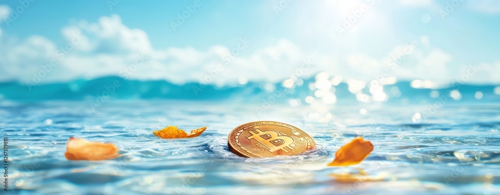 Aufkleber a serene scene featuring a floating object on calm water, surrounded by leaves, under a bright sky w