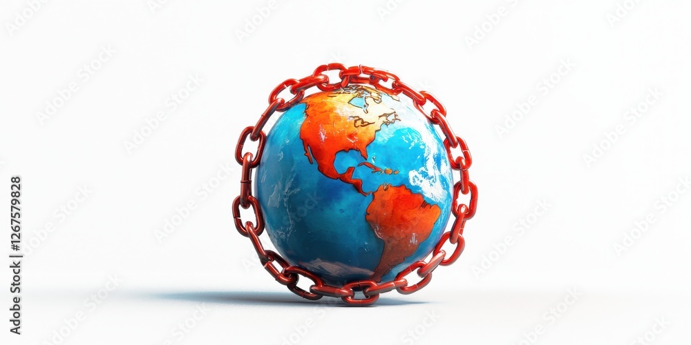 Poster a globe encircled by a red chain symbolizes global issues, restrictions, or interconnectedness in a 