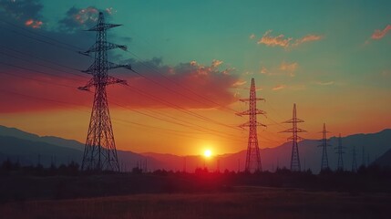 Sunset over mountain range with power lines, energy transmission, nature, landscape, electricity