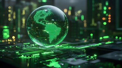 Digital Green Globe Representation Over Circuit Board Technology