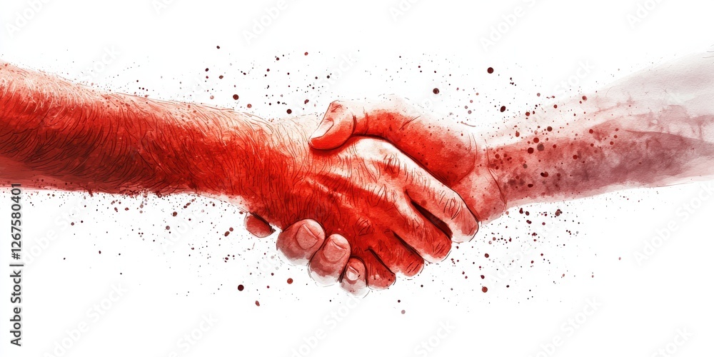 Poster two hands shake, symbolizing unity and collaboration, with vibrant red accents adding a dynamic touc