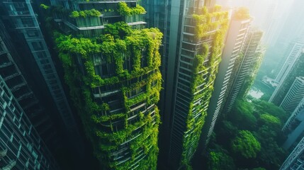 Obraz premium Greenery-covered skyscraper in urban jungle; sustainable city concept; aerial view