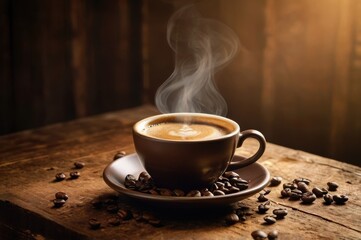 A steaming cup of coffee on a rustic wooden table with coffee beans
