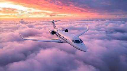 Fototapeta premium Private Jet Sunset Flight Above Clouds