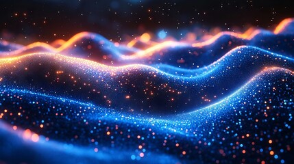 Fototapeta premium Abstract glowing particles forming wavy landscape.