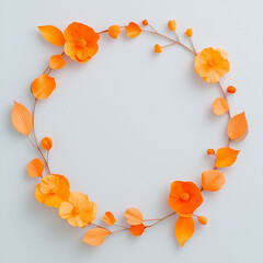 Elegant orange floral wreath with delicate paper-like flowers and leaves, arranged in a semi-circle on a soft background. Ideal for autumn-themed designs,invitations,branding, decorative projects.