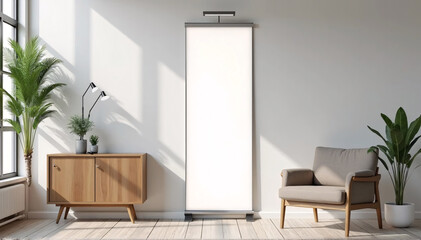 Fototapeta premium A realistic 3D model of a vertical banner for mockup advertisement in a modern setting.
