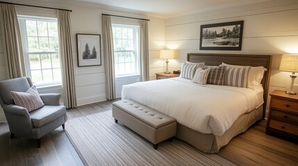 A boutique hotel suite featuring cozy furniture, stylish decor, and a soft, inviting atmosphere.