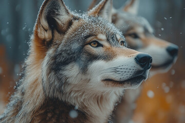 Fototapeta premium Winter's Watch, Majestic Wolves Amidst a Snowy Forest Landscape