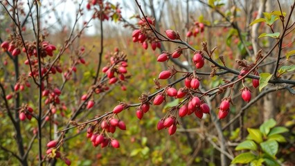 Early Spring Landscape with dry rose hips and branches, garden, foliage, branches