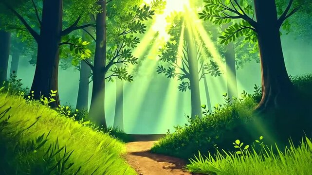 Forest landscape. Sun rays break through green trees