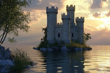 Mystical castle on an island at sunset surrounded by calm waters and lush greenery