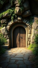 Fototapeta premium Entrance to an underground tomb with a large stone door, overgrown, entrance