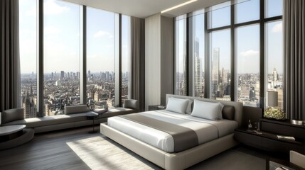 Fototapeta premium A contemporary high-rise hotel room with floor-to-ceiling windows, modern furnishings, and a sleek bed.