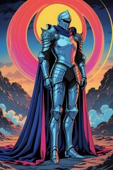 Fototapeta premium Epic fantasy illustration of a majestic armored knight standing against a dramatic sunset, wearing a flowing cape and full metal armor. 