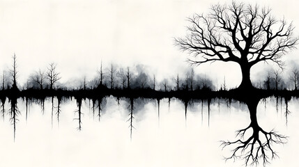 Obraz premium Dark Forest Trees Reflected in Silent Water Serene and Eerie Black and White Art Illustration