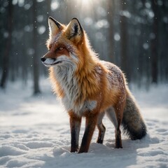 Fototapeta premium A glowing spirit fox with multiple tails, its ethereal body radiating light, against a clear white background.