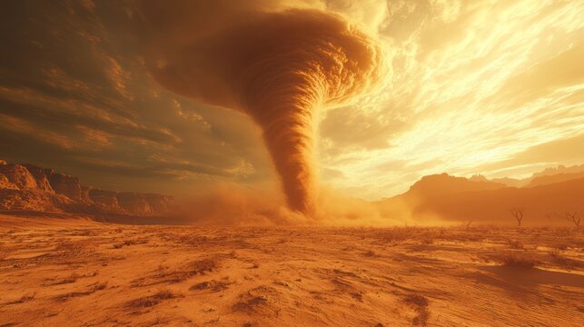 Desert dust devil sunset landscape, extreme weather event