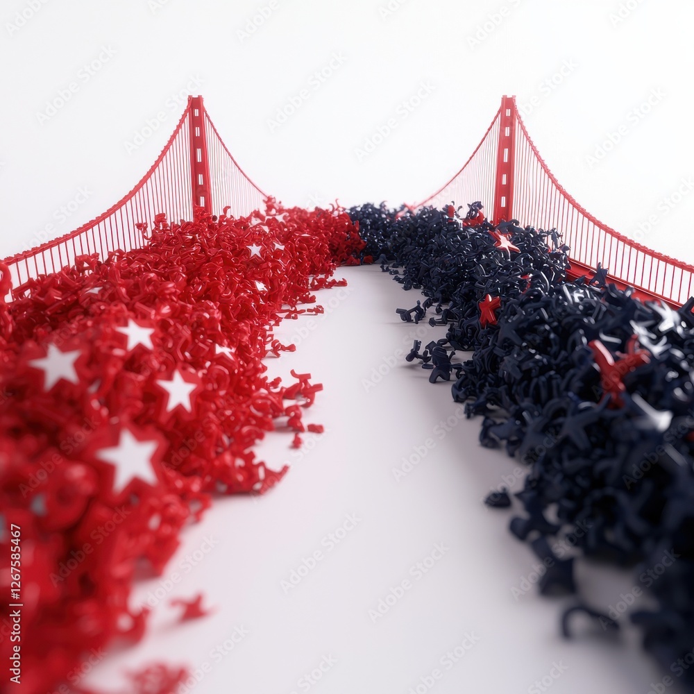 Poster a creative representation of a bridge with red and blue elements, symbolizing connection and contras