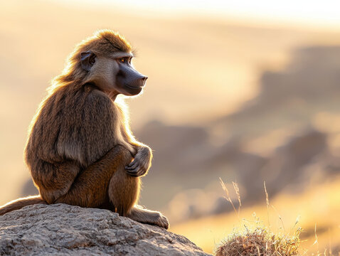 Gelada Baboon in the Simien Mountain, gelada baboon sitting on rock illuminated by golden light, exuding tranquility and grace