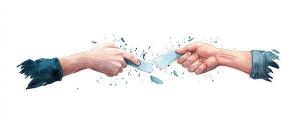Two hands gripping a knife, poised in conflict, with a watercolor effect suggesting tension, struggle, or division.