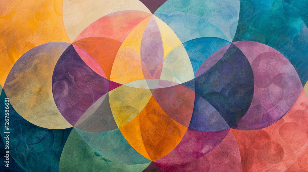 Poster soft, overlapping circles of various colors and textures blending into one central shape, symbolizin