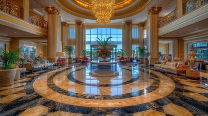 Obraz premium A high-end luxury hotel lobby with marble flooring, golden chandeliers, and opulent seating arrangements.