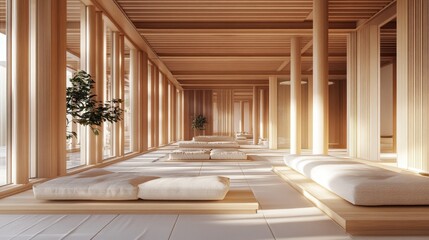 A high-end resort lobby with natural wood elements, soft sofas, and a relaxing atmosphere.