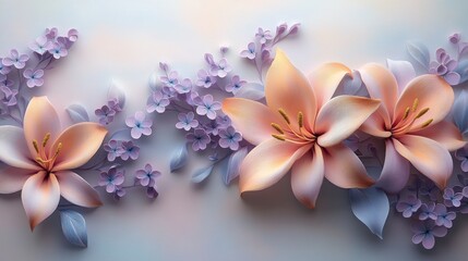 3D embossed paper-cut style floral background  with rose, lily, lavender, dahlia, daisy
